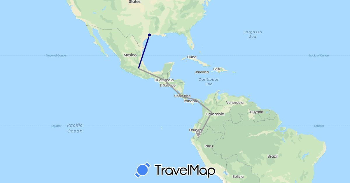 TravelMap itinerary: driving, plane in Colombia, Costa Rica, Ecuador, Guatemala, Mexico, Panama, United States (North America, South America)