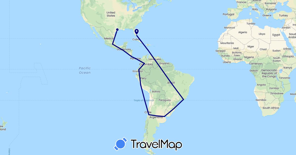 TravelMap itinerary: driving in Argentina, Brazil, Chile, Colombia, Costa Rica, Ecuador, Guatemala, Mexico, Panama, Peru, United States (North America, South America)